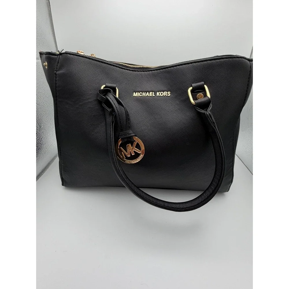 Michael Kors Black Saffiano Leather Tote Bag Gold Hardware MK Logo Handbag